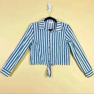Miss Love Pinstripe Button Down Crop Top with Tie
